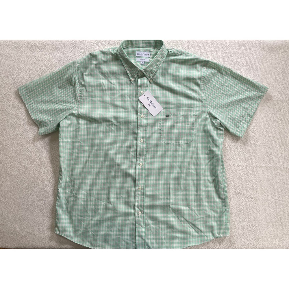 Saddlebred Mens XXL Short Sleeve Button Down Shirt Green Plaid Classic Fit